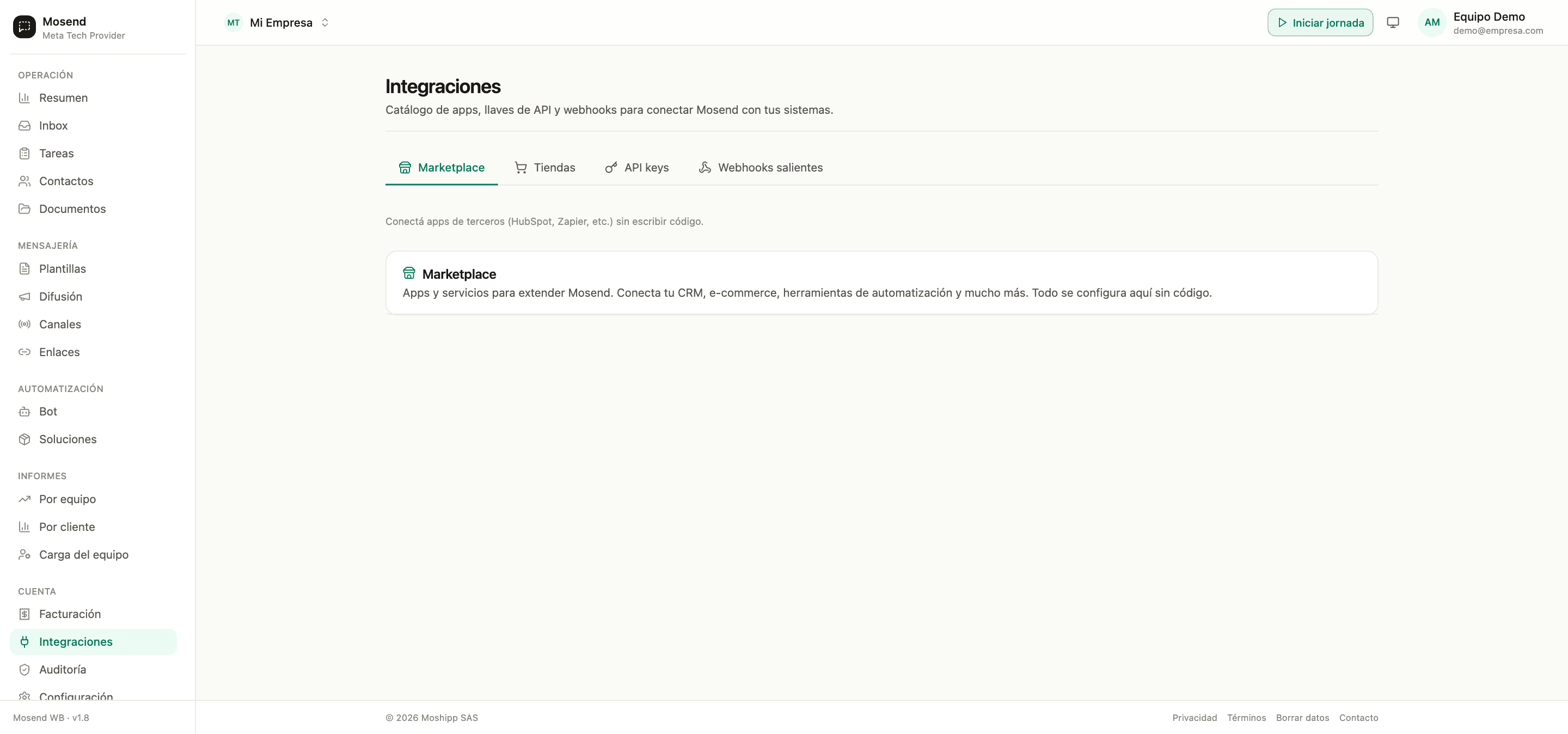Integraciones y webhooks en Mosend