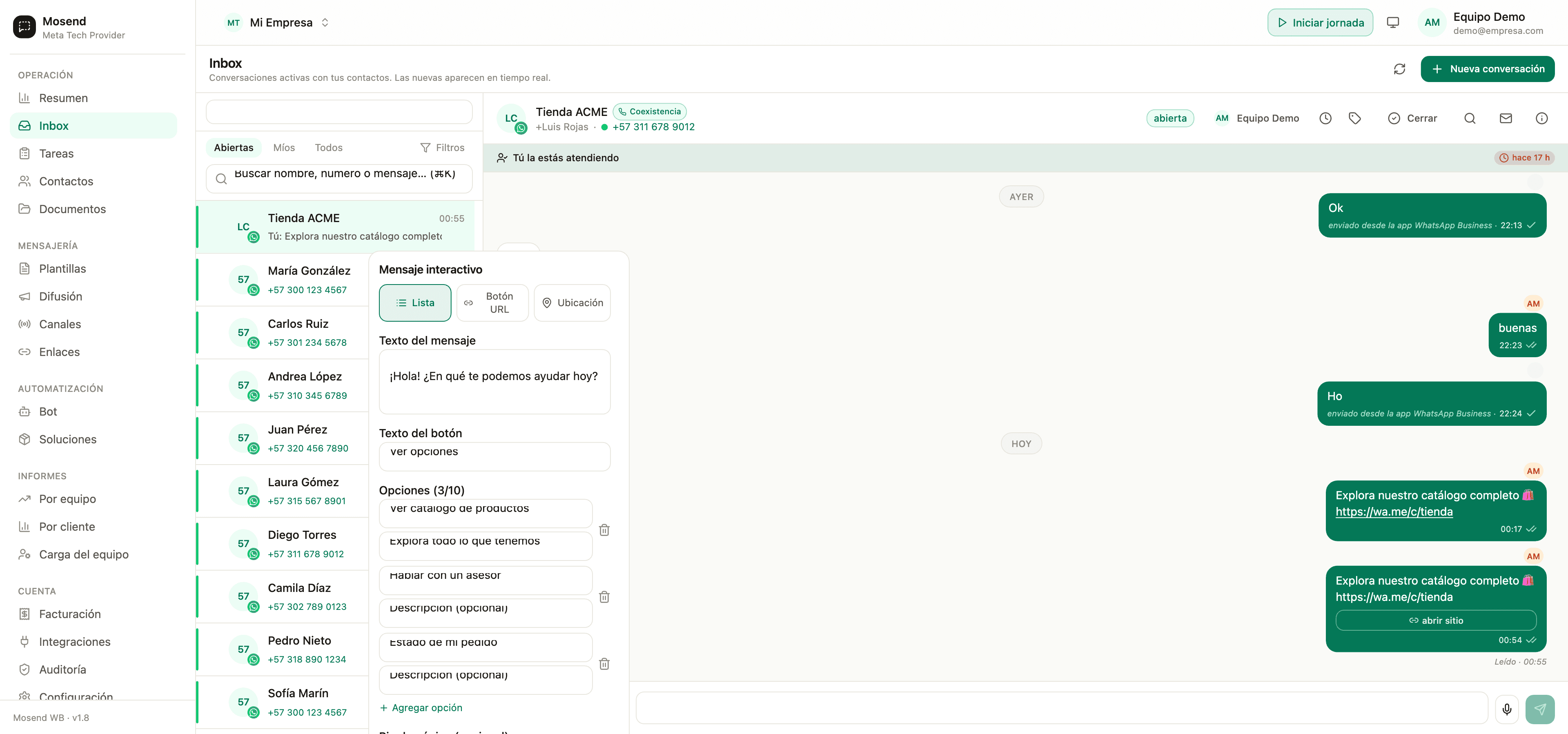 Composer de mensajes interactivos en Mosend