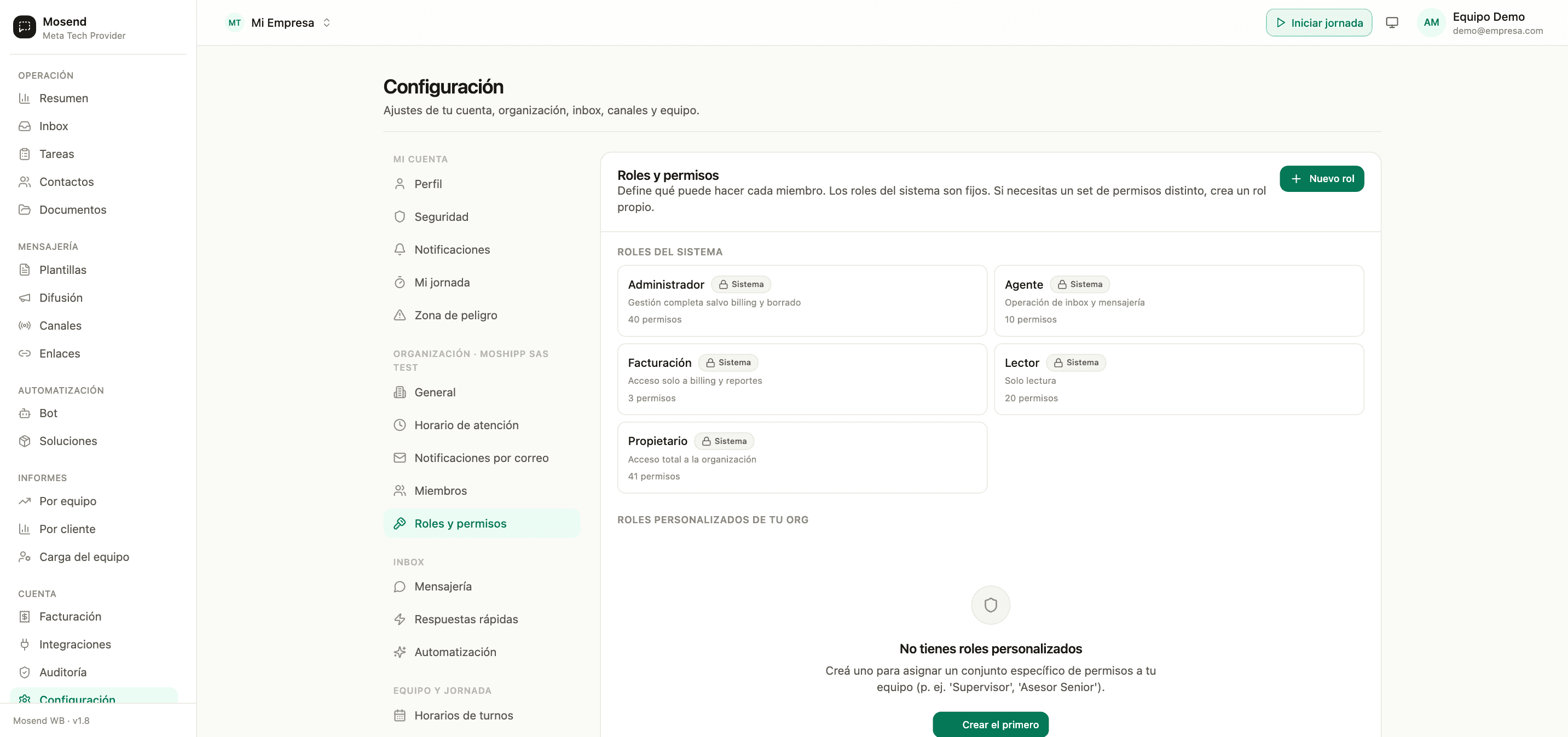 Selector de organizaciones en Mosend