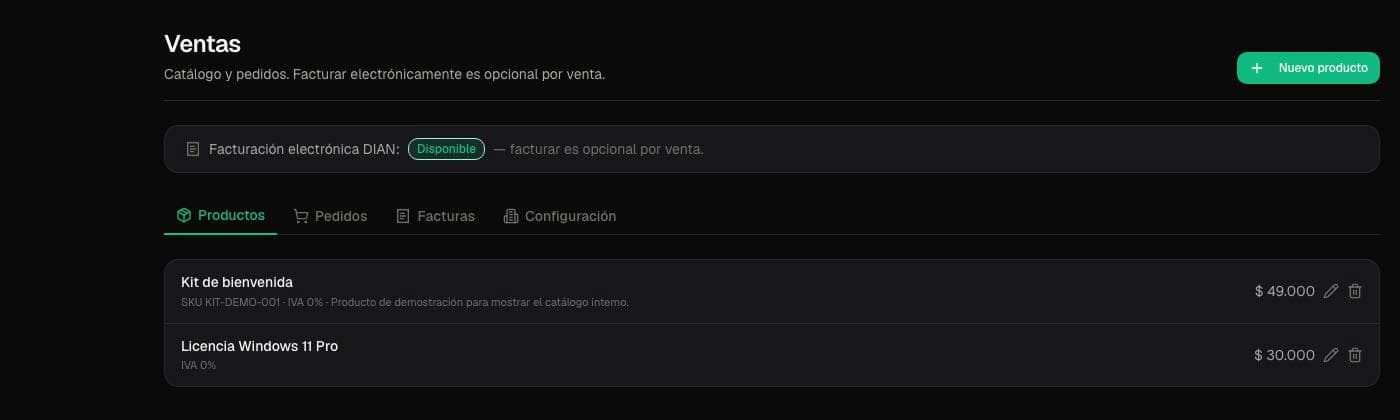 Catálogo interno de productos en el módulo de ventas de Mosend