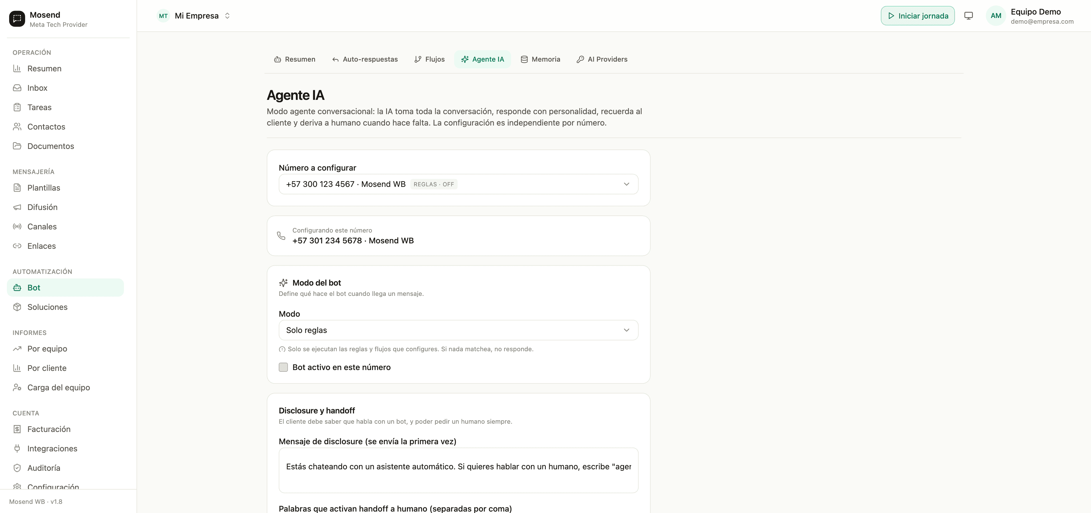 Configuración del agente de IA y flujos en Mosend
