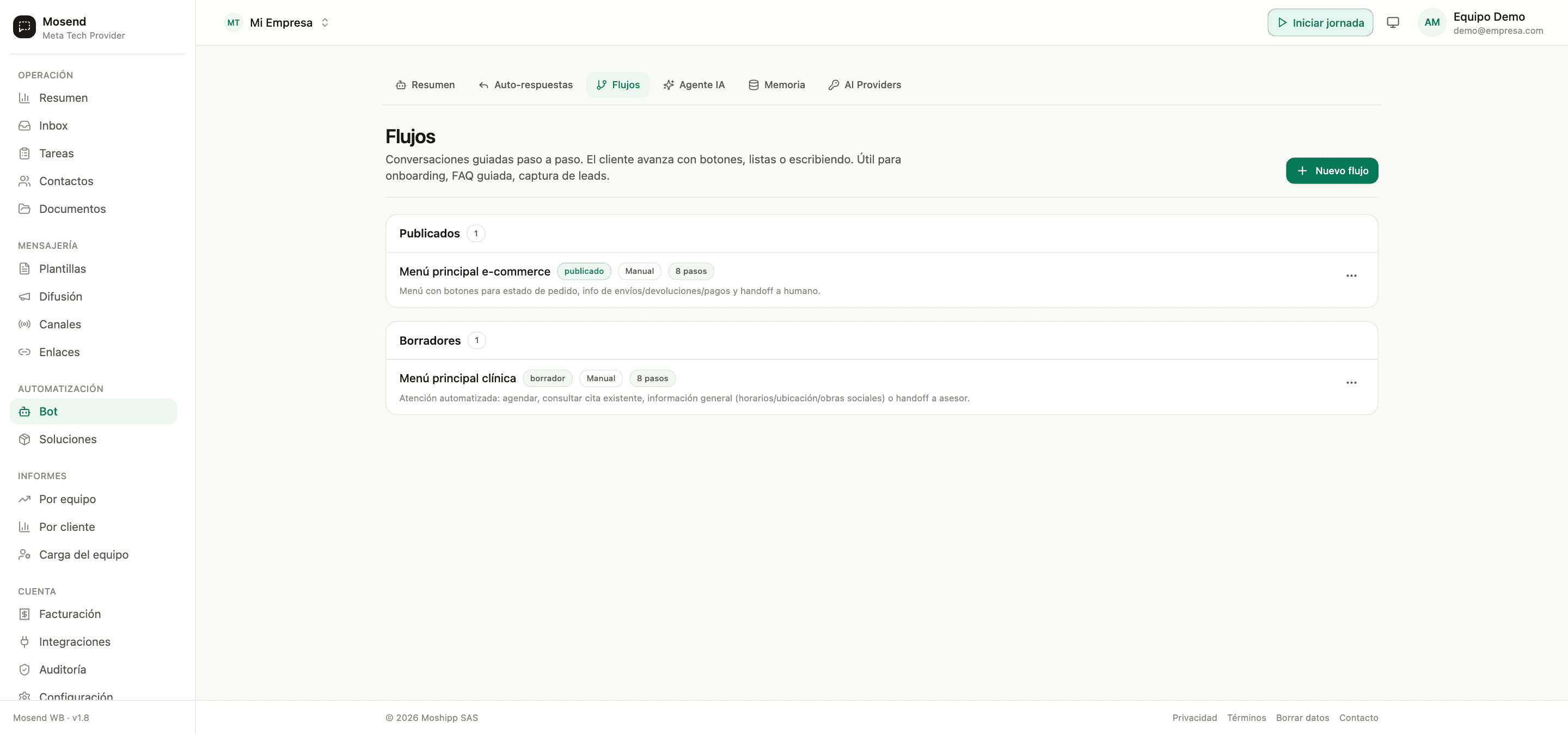 Constructor de flujos del bot en Mosend