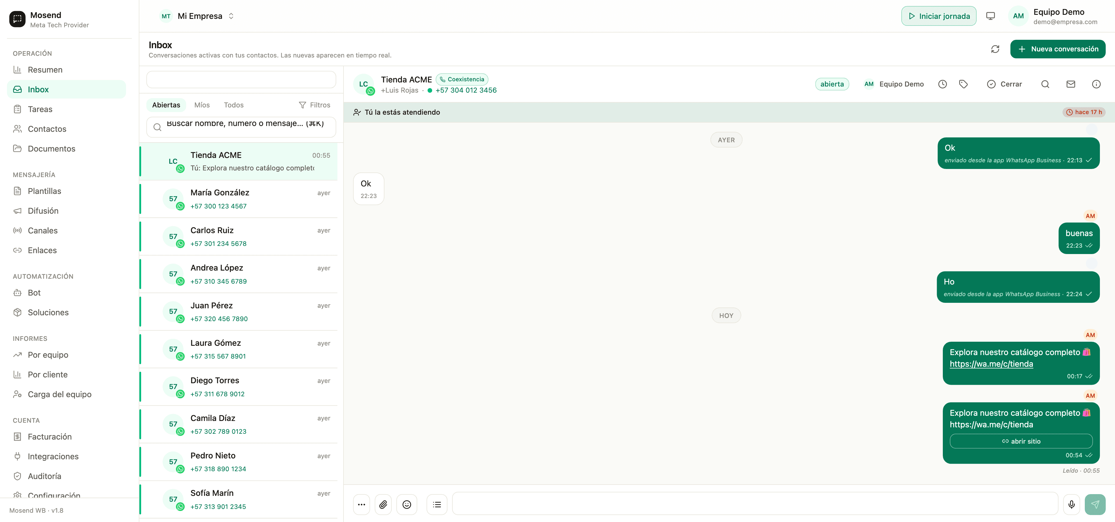 Conversación en coexistencia con la app WhatsApp Business