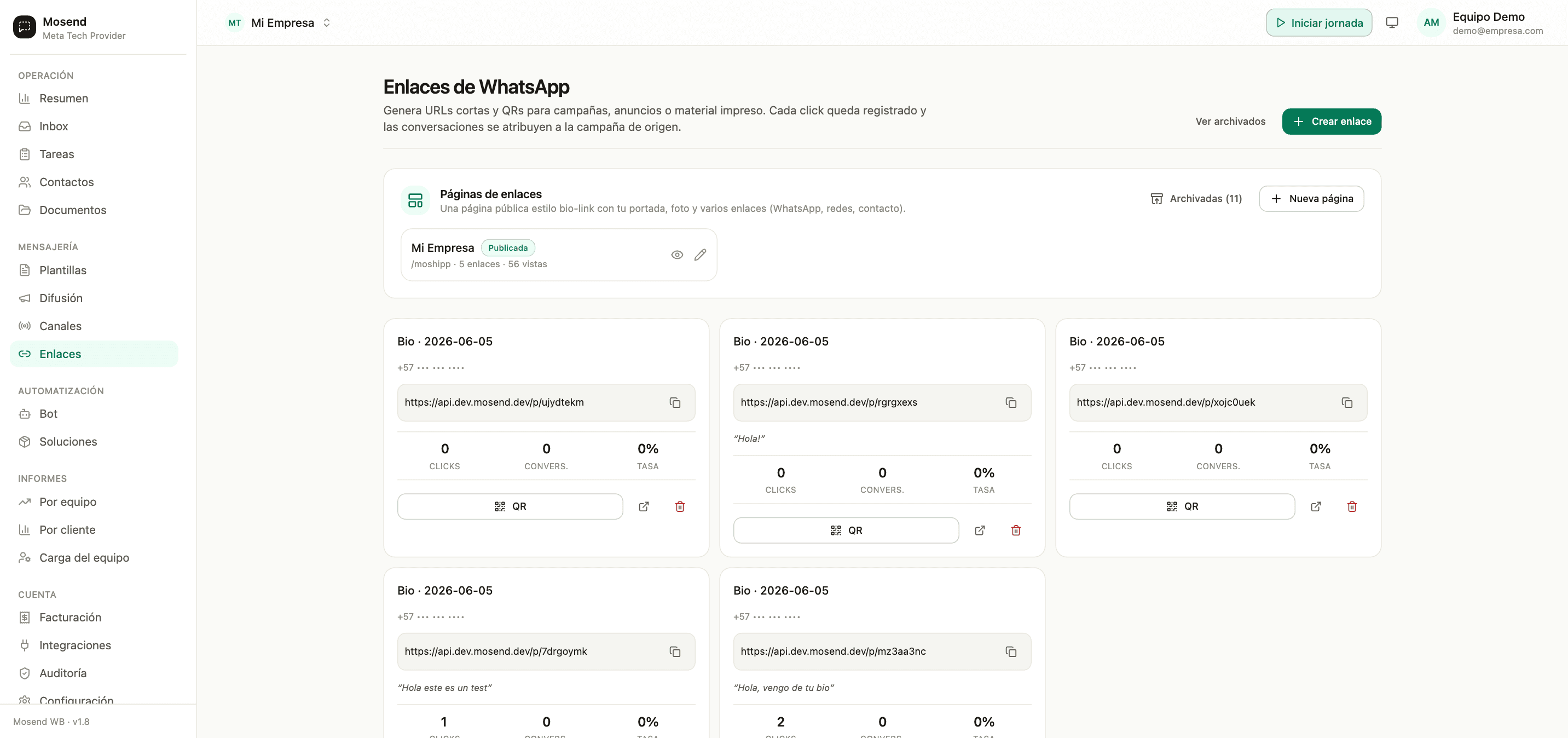 Enlaces cortos y códigos QR en Mosend