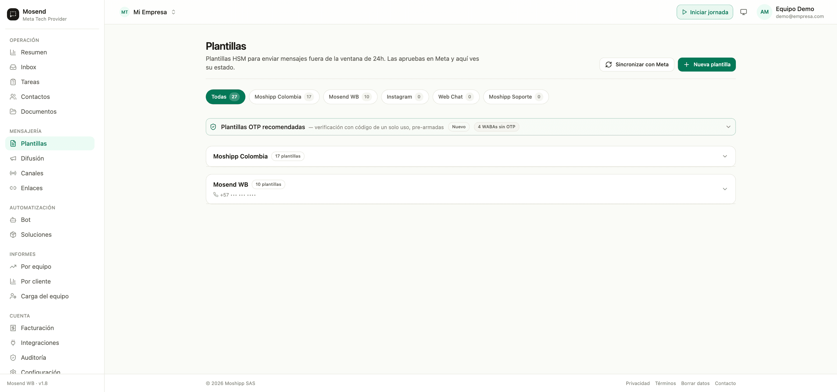 Gestión de plantillas de WhatsApp en Mosend